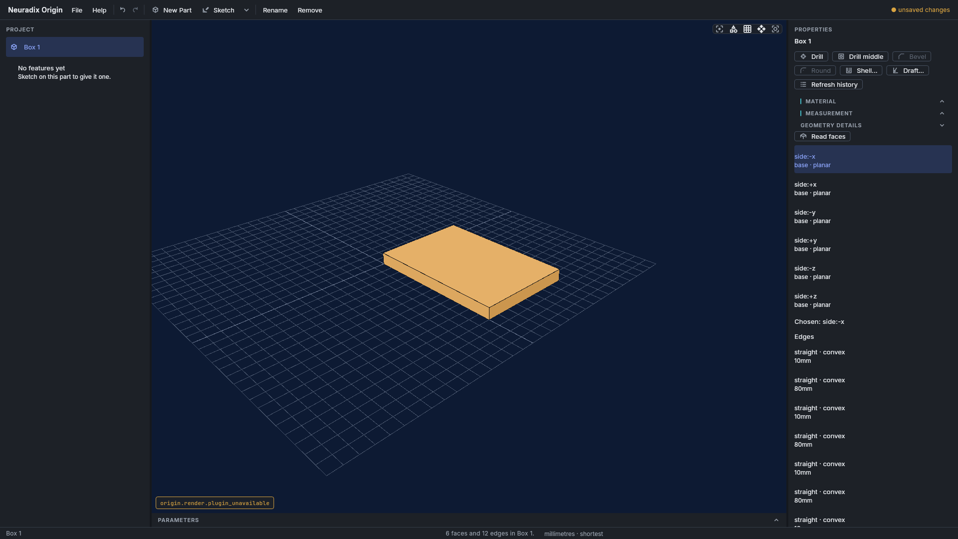 Actual Neuradix Origin development build with a selected model face and engineering properties